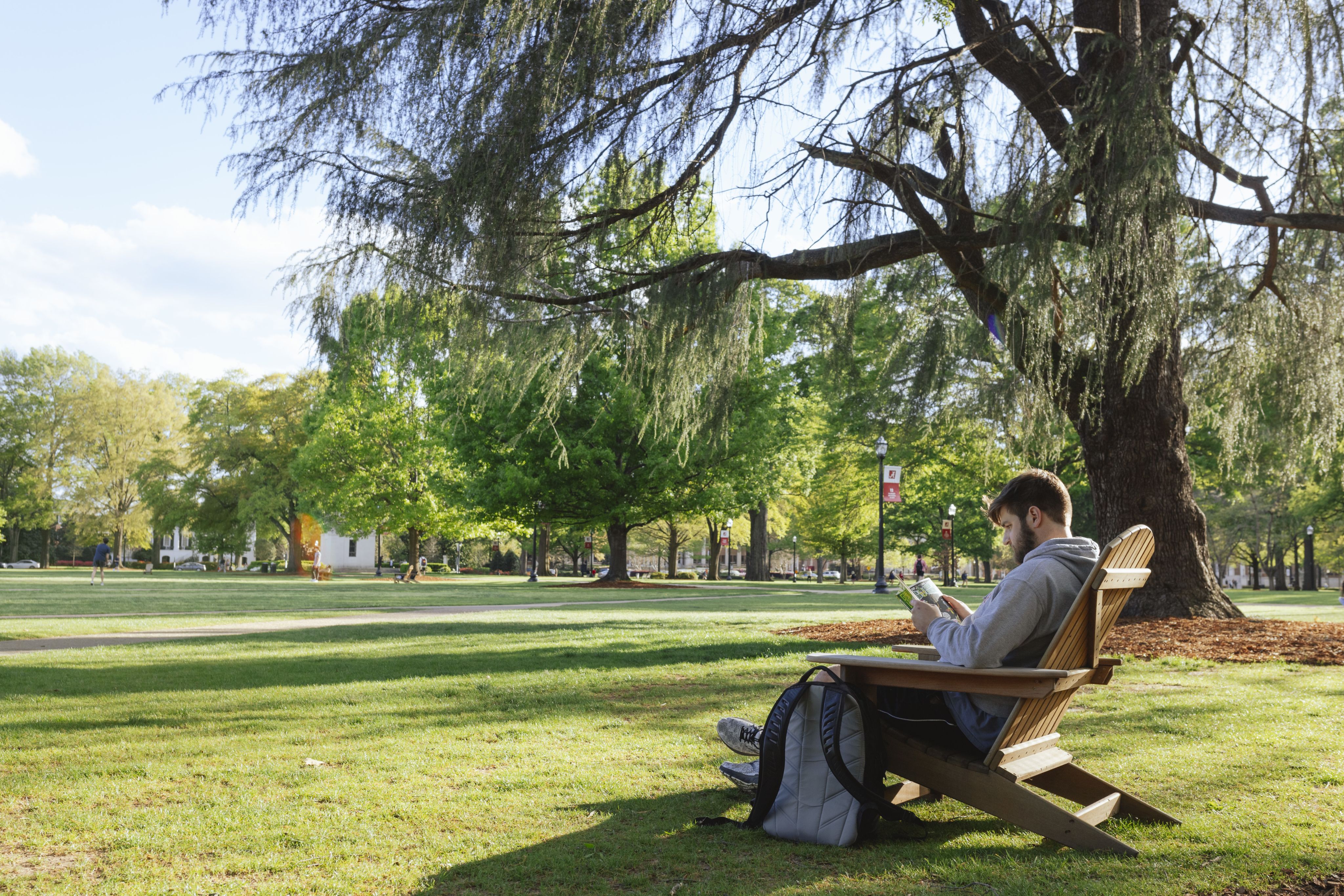 a student sits on the Quad studying