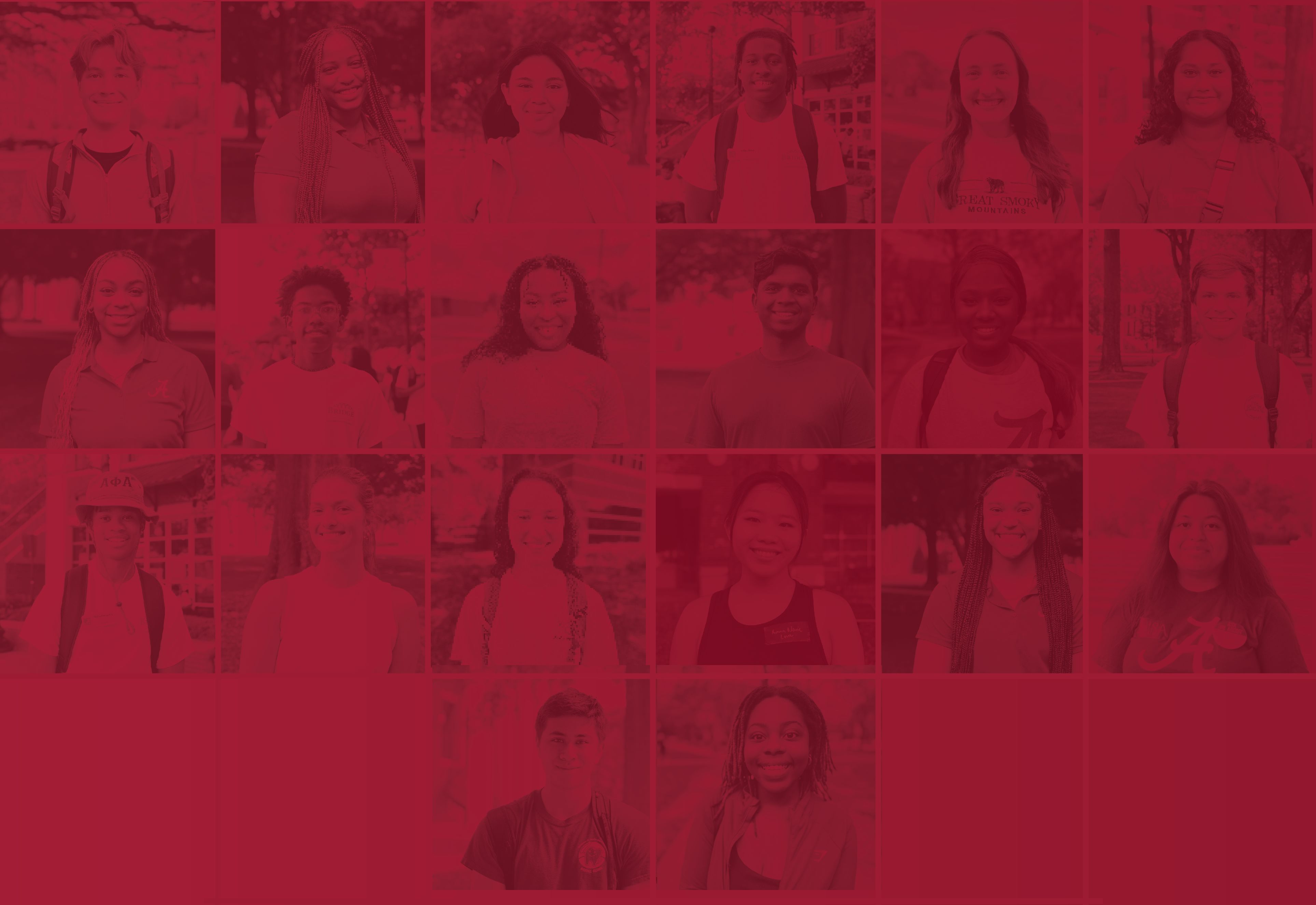 a collage of different students smile into the camera with a red overlay on top