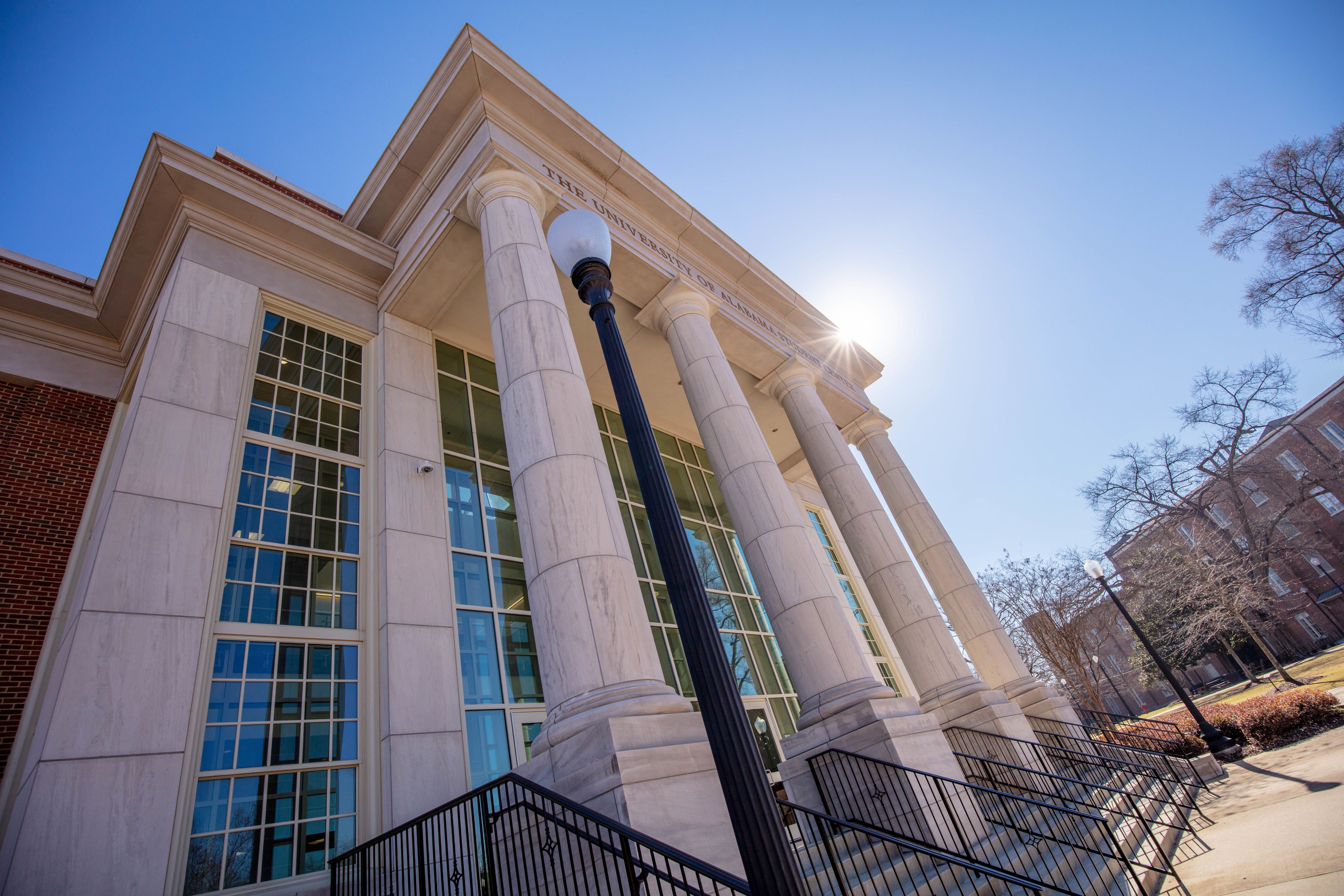 a photo of the student center with the focus point at the base of the columns