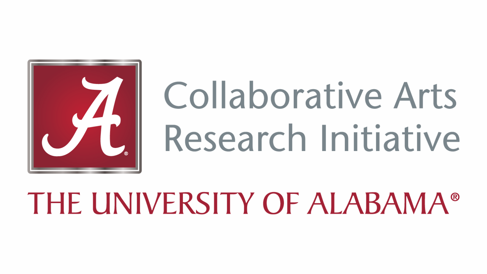 Logo of The University of Alabama Collaborative Arts Research Initiative featuring a large red "A" on a crimson background, accompanied by the name of the initiative and the University.