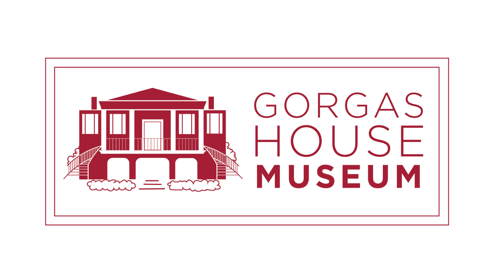 Logo of the Gorgas House Museum featuring a stylized illustration of a two-story building with columns and stairs, framed within a red border.
