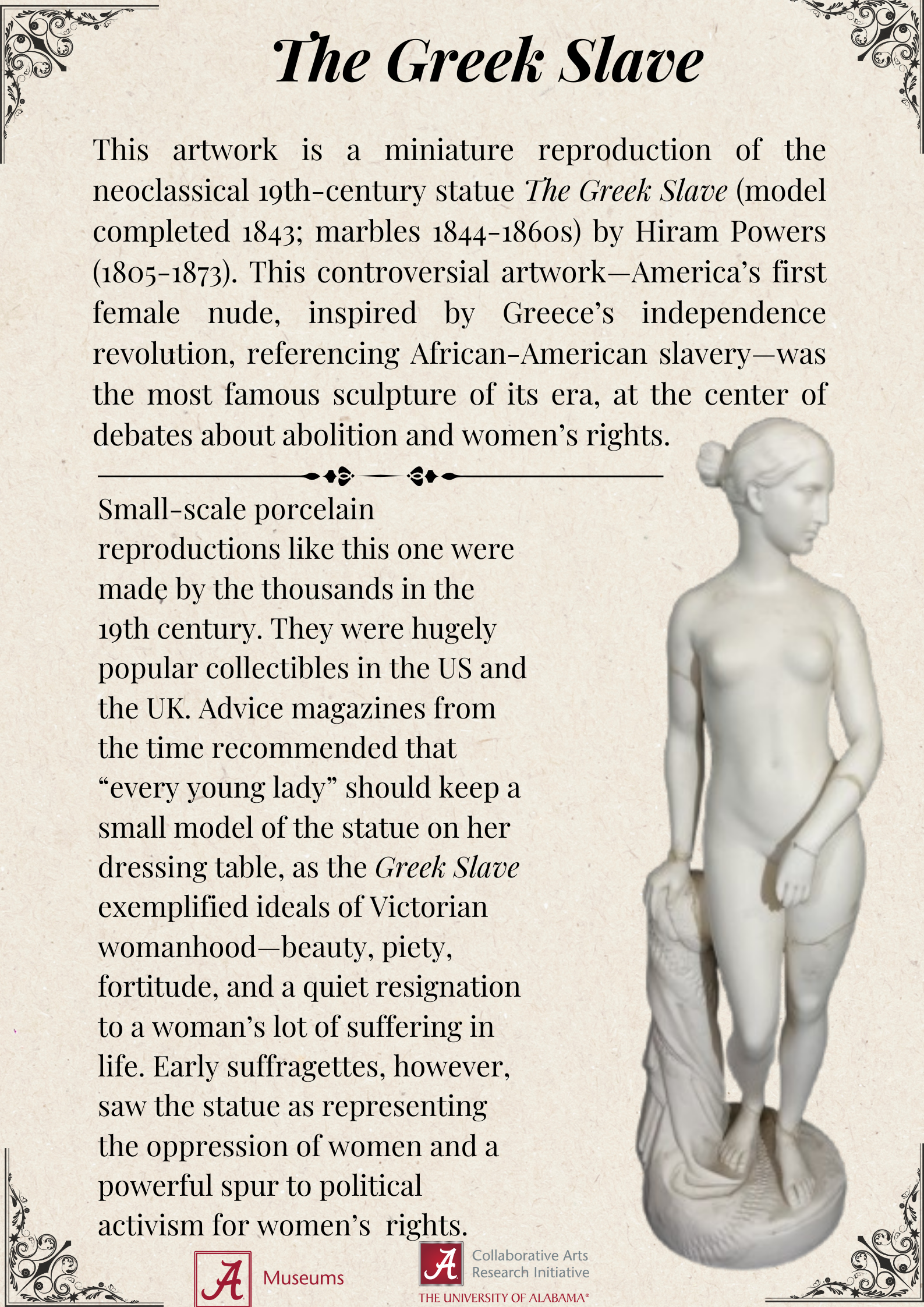 An informational article about the neoclassical artwork 'The Greek Slave' by Hiram Powers, discussing its historical significance and impact on views of abolition, women's rights, and Victorian ideals during the 19th century.