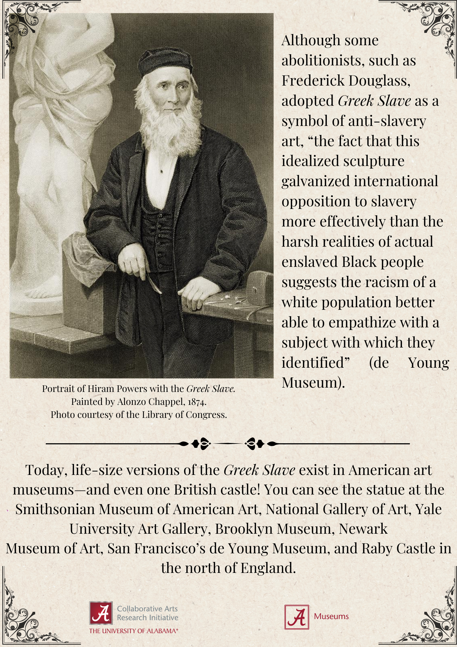 Image showcasing a poster that features a statue, with historical and cultural commentary about its significance in abolitionist imagery. The text mentions Frederick Douglass and Greek Slave by Hiram Powers, illustrating how art was used to evoke empathy and highlight social issues. Additional text includes details about the availability of modern size versions of the Greek Slave statue in various museums like the Art Institute of Chicago, San Francisco Museums, and Newby Castle in the north of England.