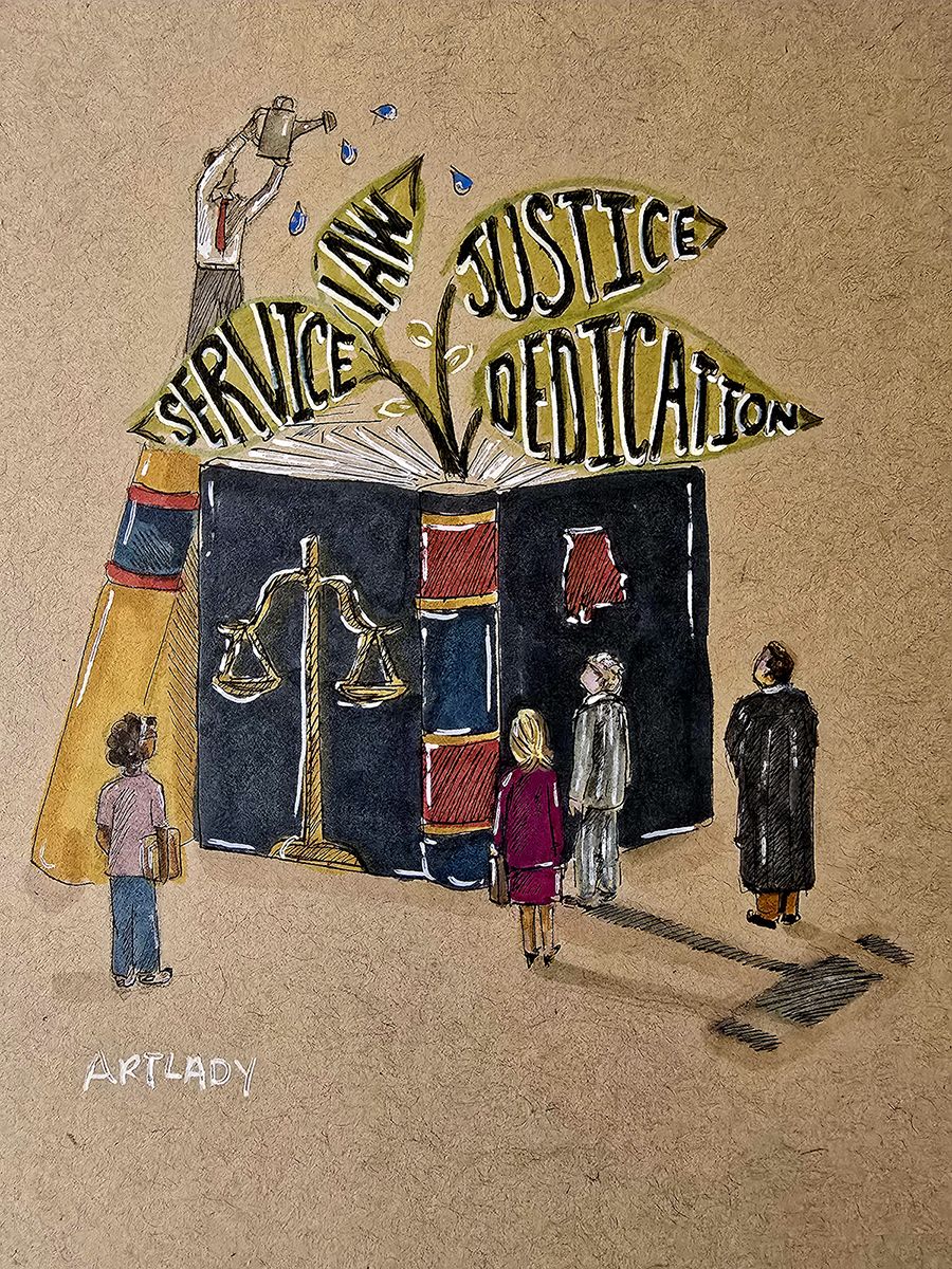 "Seeds of Service" by Sonya Clemons. The artwork depicts an open book with four leaves growing out of the top. One says "service," one says "law," one says "justice," and one says "dedication." There is a man with a watering can watering the leaves. There are four people below the book facing away from the viewer: one young woman holding a book, one blonde woman in a suit holding a briefcase, an older man in a suit, and a man in judge's robes. The shadow being cast by the book is in the shape of a gavel and appears on the right side of the piece.