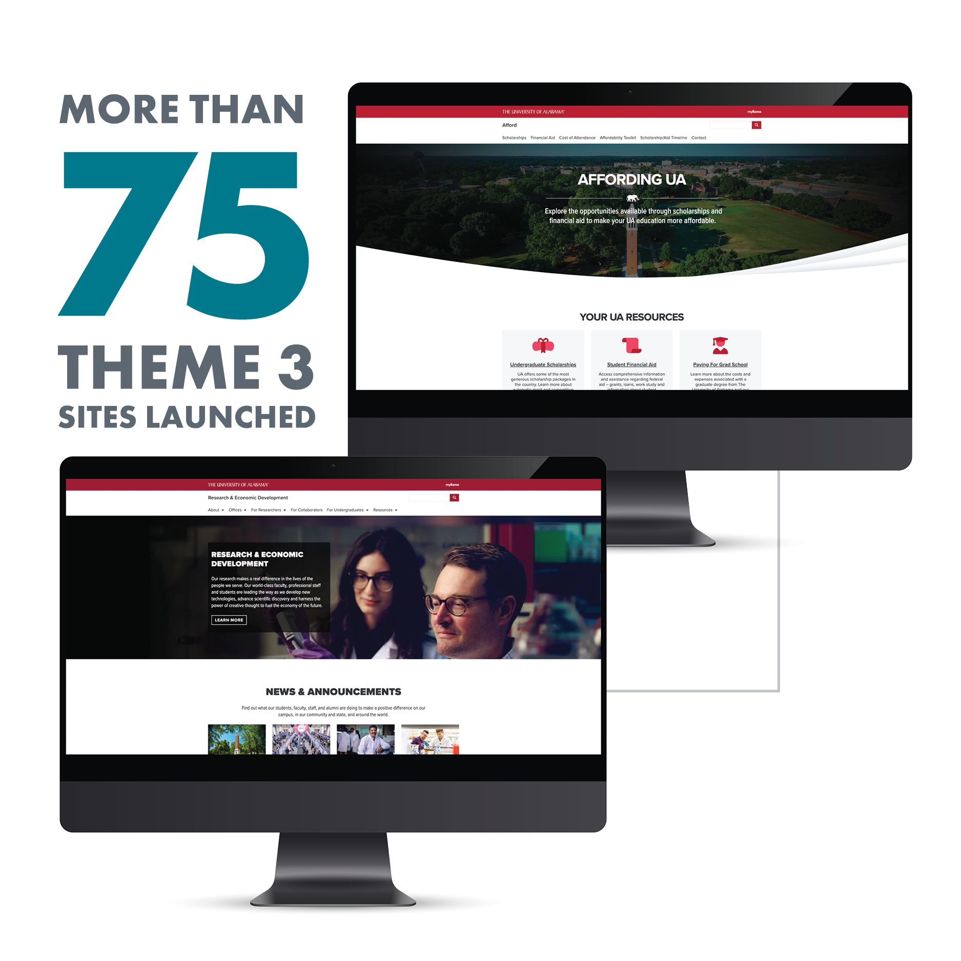 Graphic displaying two UA Theme 3 websites with the following statistic: "More than 75 Theme 3 Sites Launched."