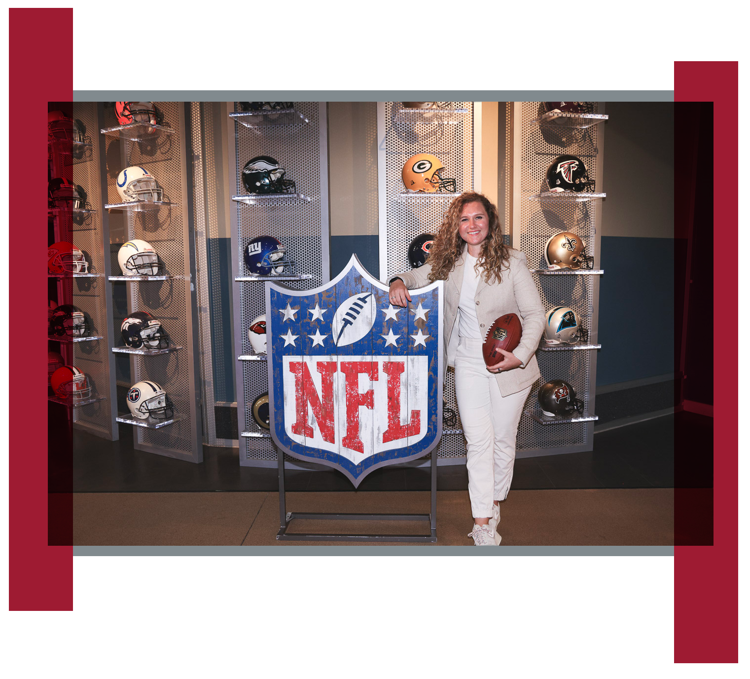 Emily Henderson poses with a football and the NFL logo at NFL Films headquarters.