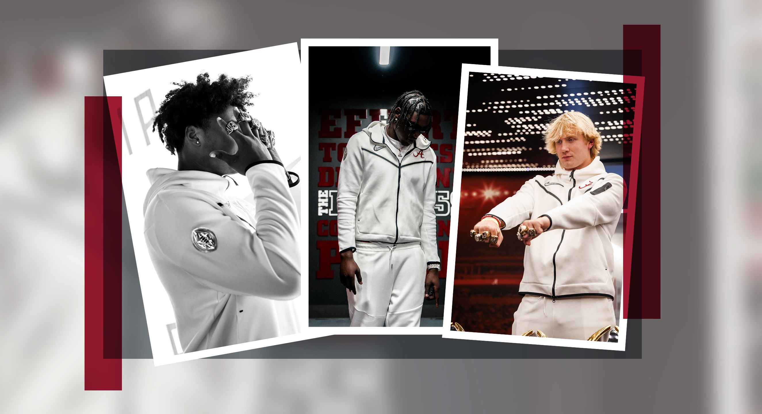 Photo of a football player with his hands forward displaying several championship rings. 