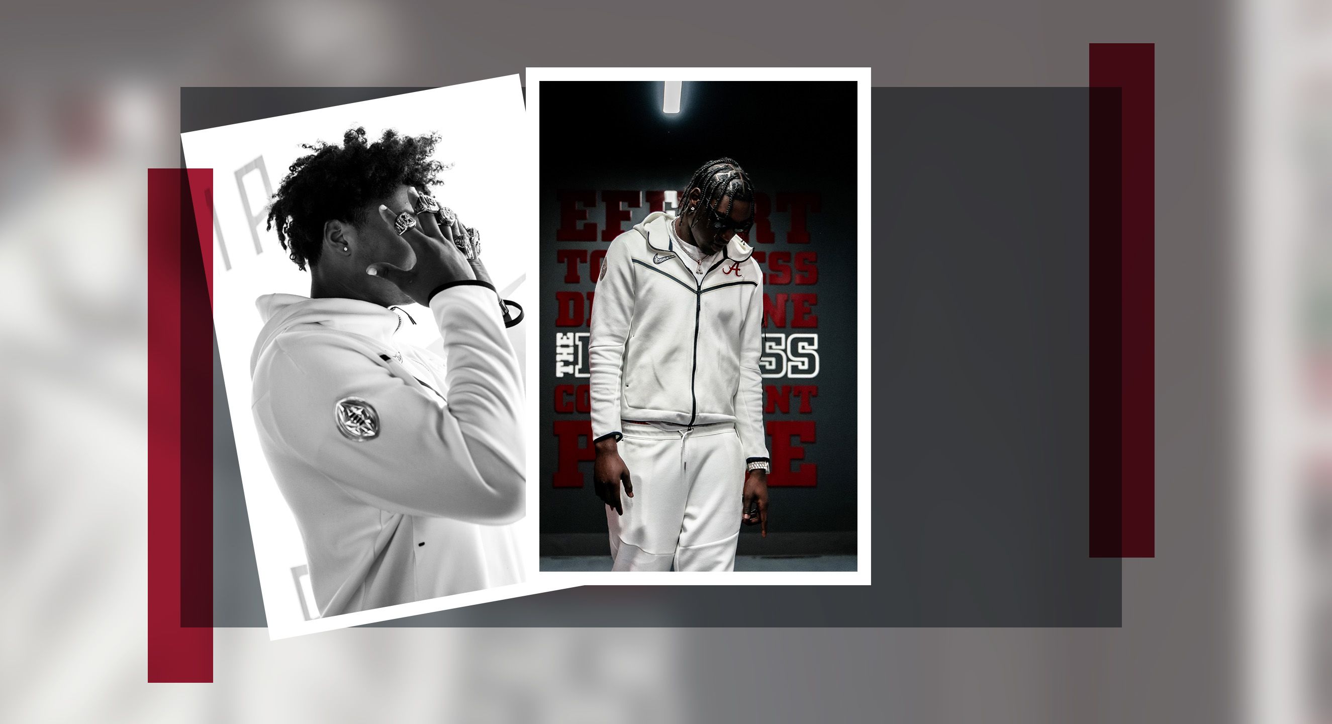 Photo of a football player in the Alabama football facility.