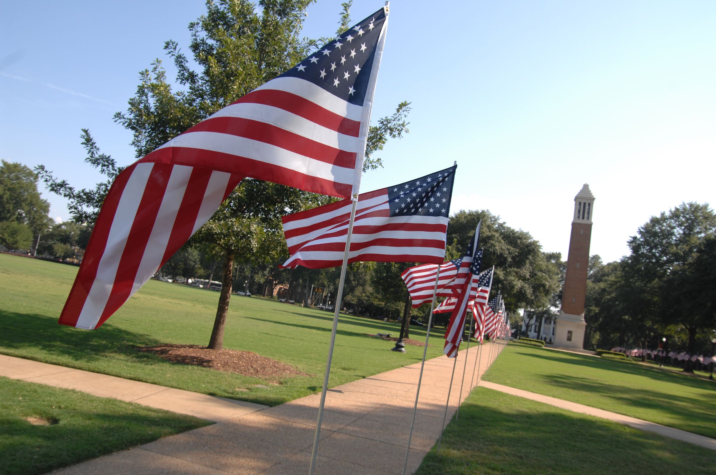 American flags decorate the quad