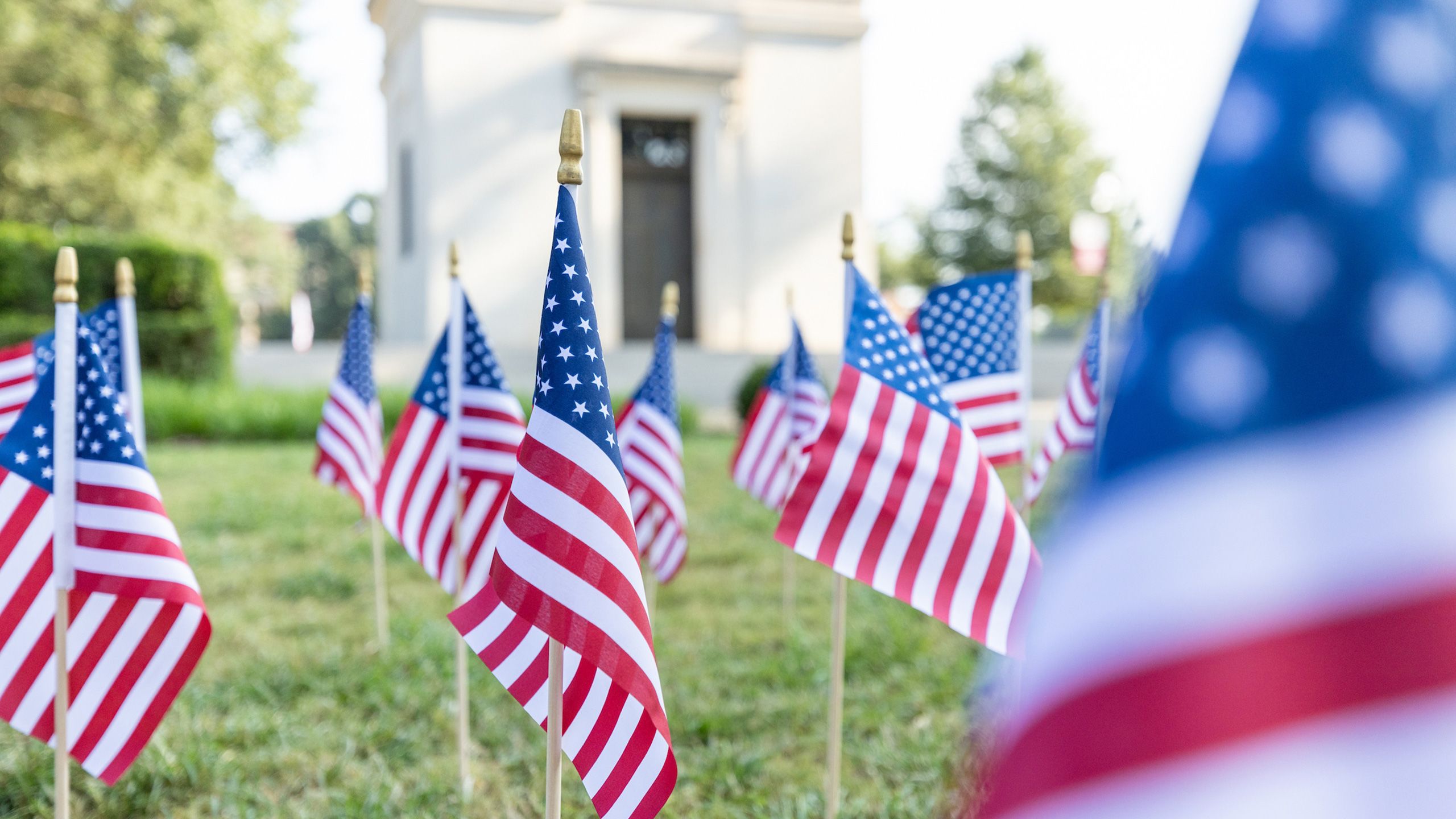 Picture of American flags in front of Denny Chimes