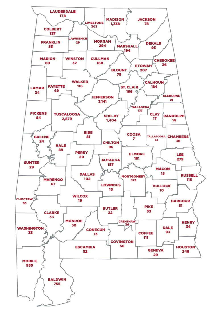 Map of alabama listing the number of students enrolled from each county