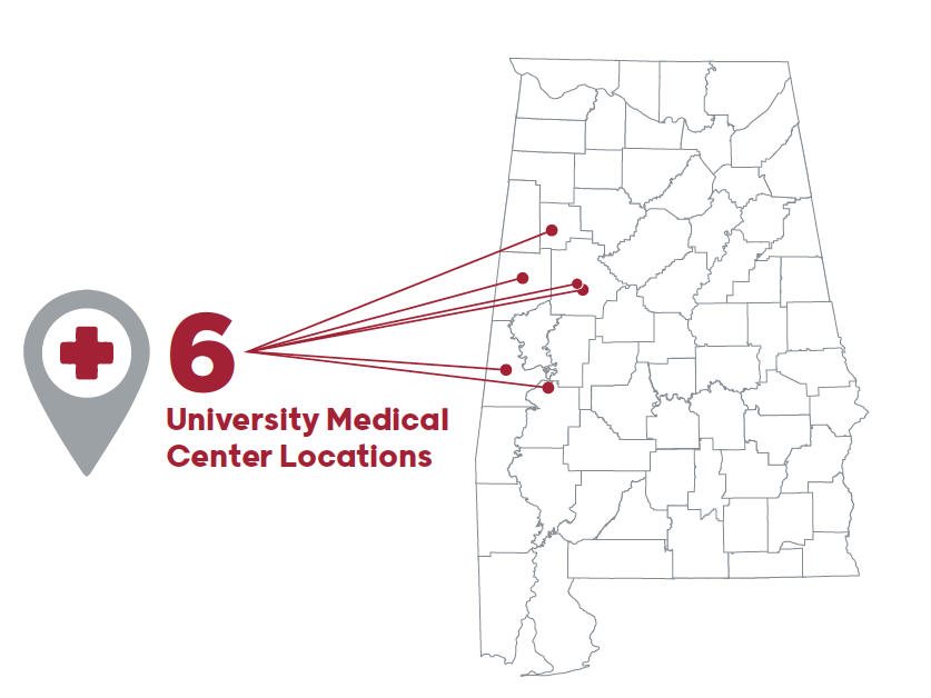 map showing the 6 university medical center locations
