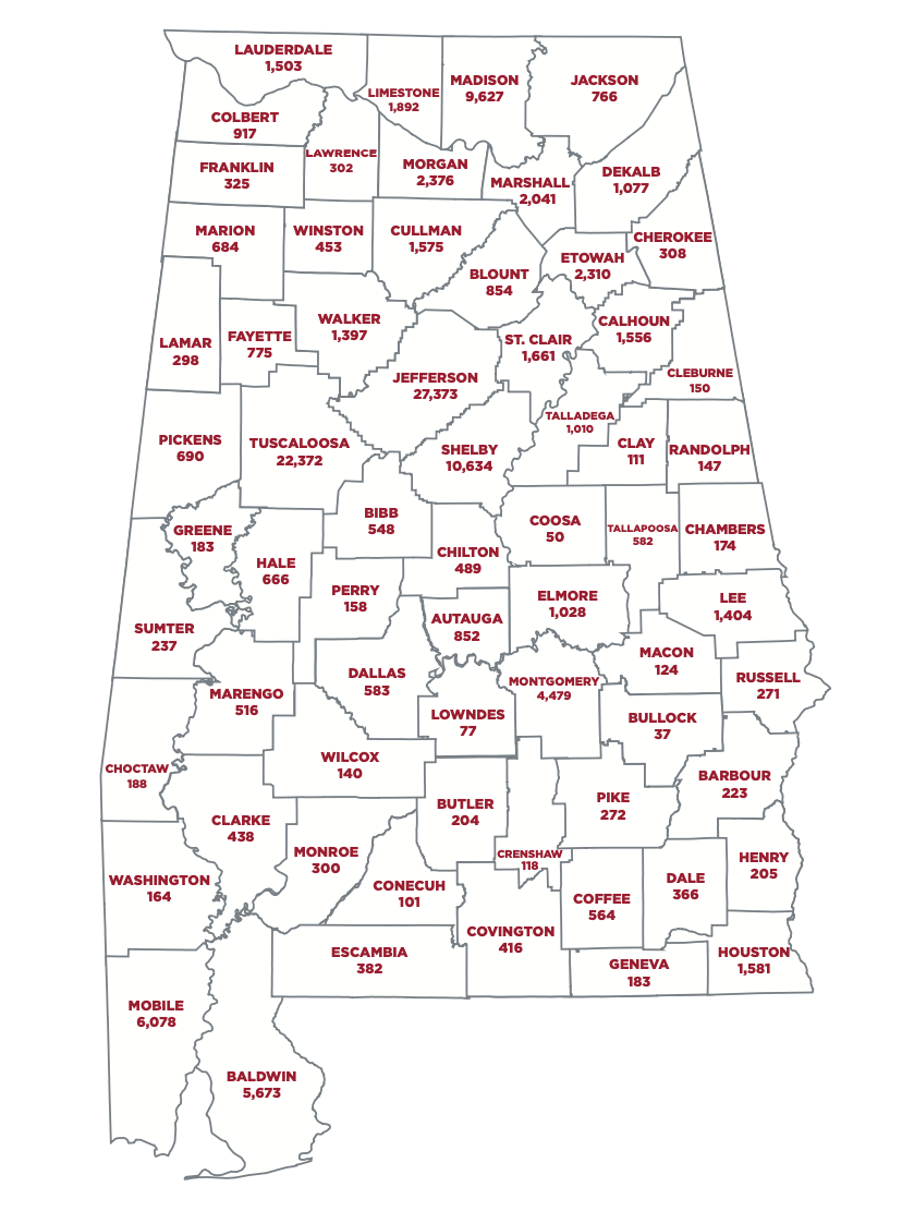 Map of alabama showing the number of alumni in each county