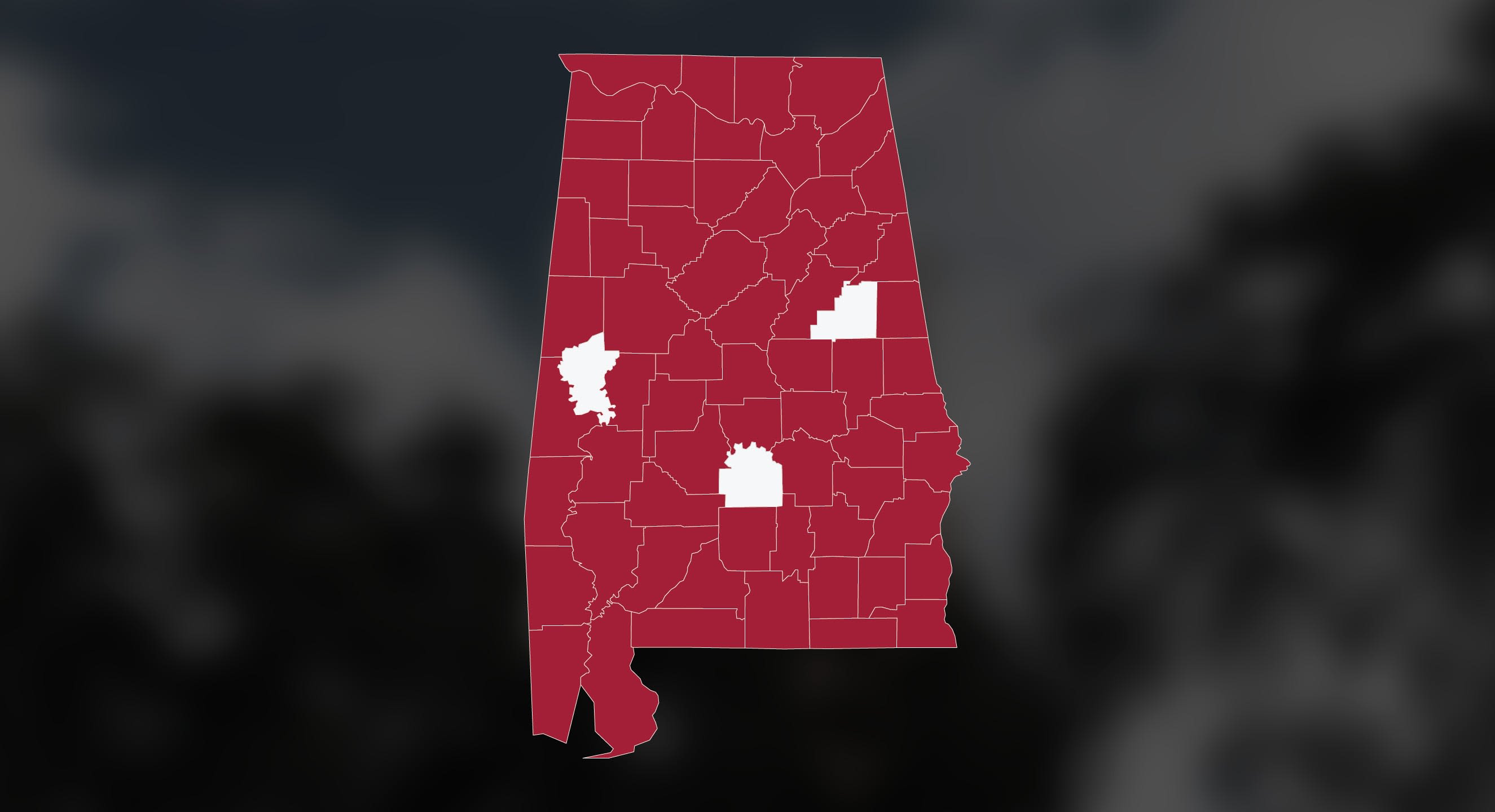 Map of the state of Alabama highlighting the counties represented by the class of Spring 2024.