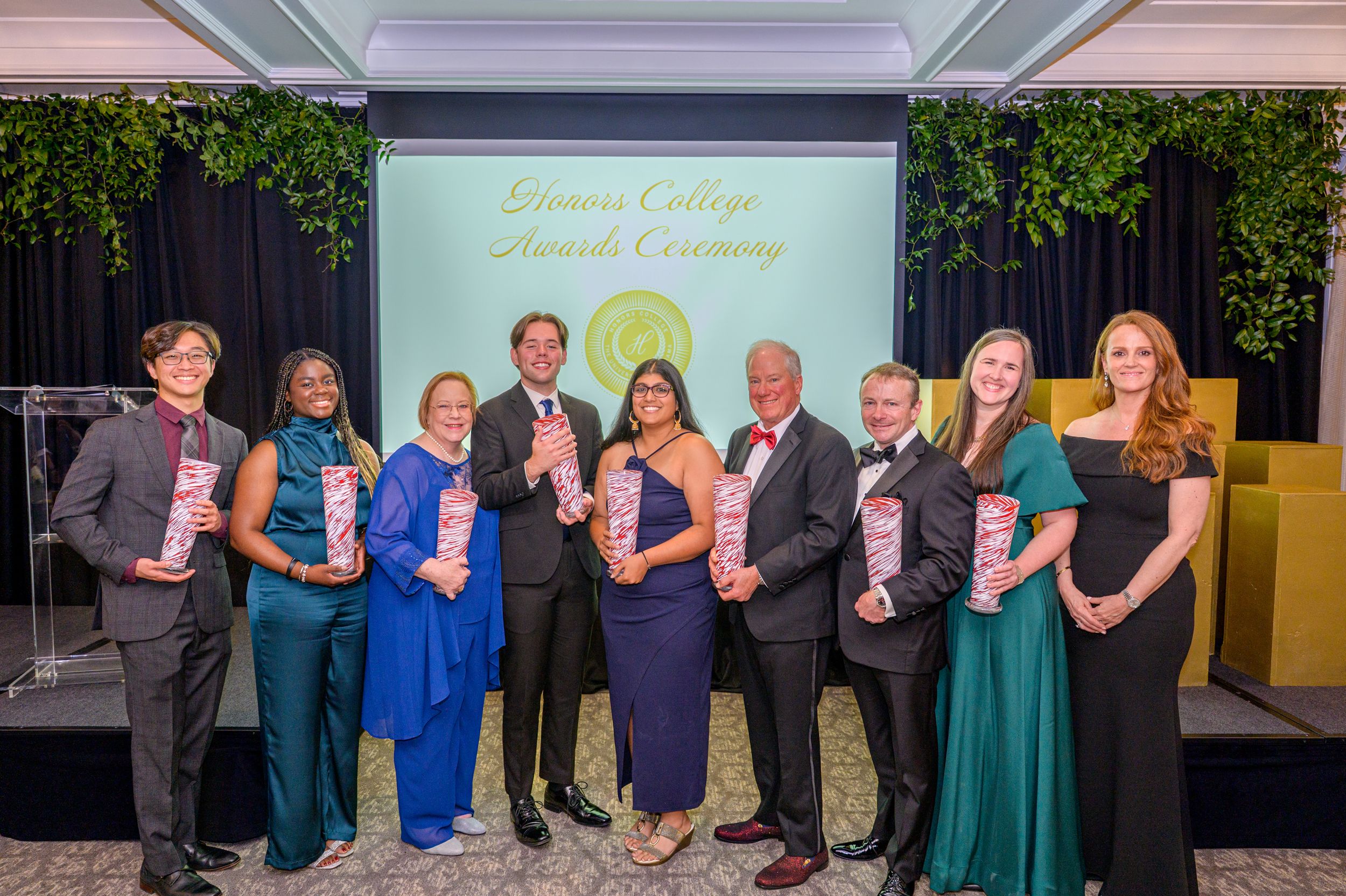 A group photo of the Honors College Awards Ceremony awards recipients and Dean Tiffany Sippial.