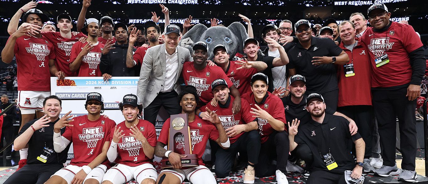 Men's Basketball group shot following 2024 West Regional championship
